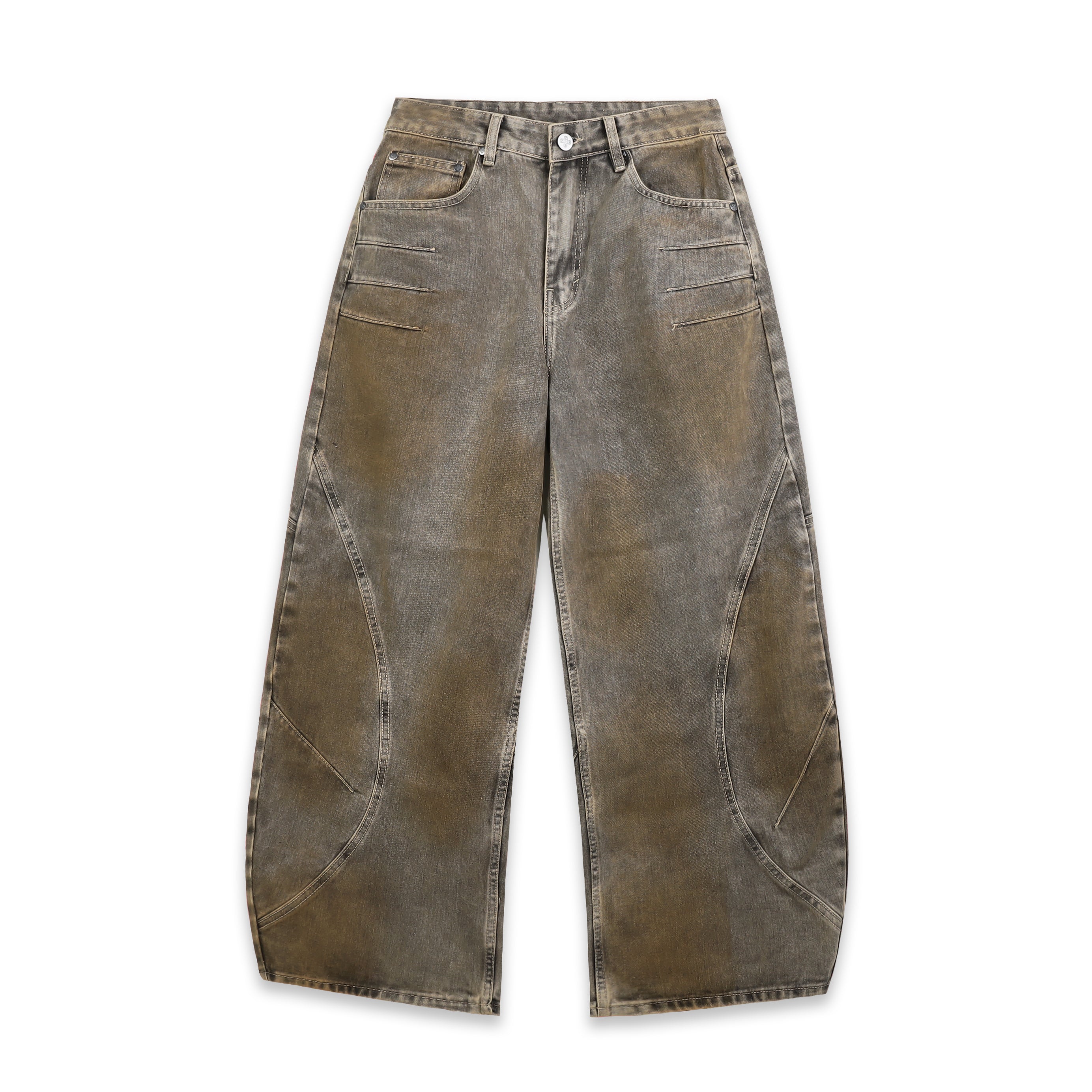 公式【1JINN STUDIO】Mud-dyed Washed Curved Jeans SWE ARC WIDE JEANS - MUD FADE/WASHED BLUE
